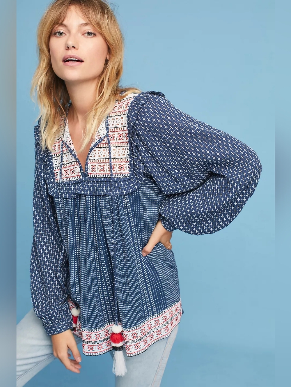 💘 Hemant & Nandita Anthropologie Embroidered Serafina Boho Long Sleeve Blouse